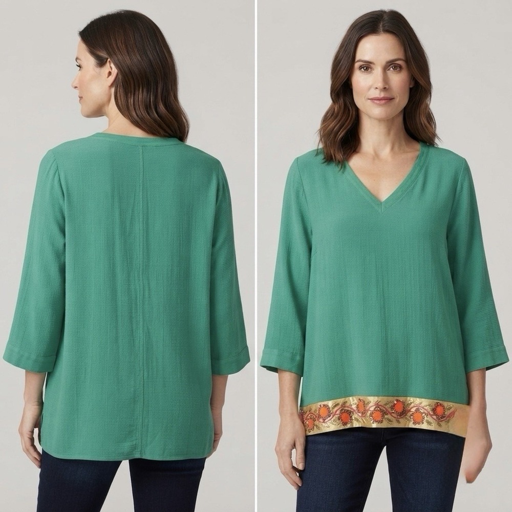 Soft Surroundings Size-2X Women's Top Aqua/Green Beaded Boho 3/4 Sleeve